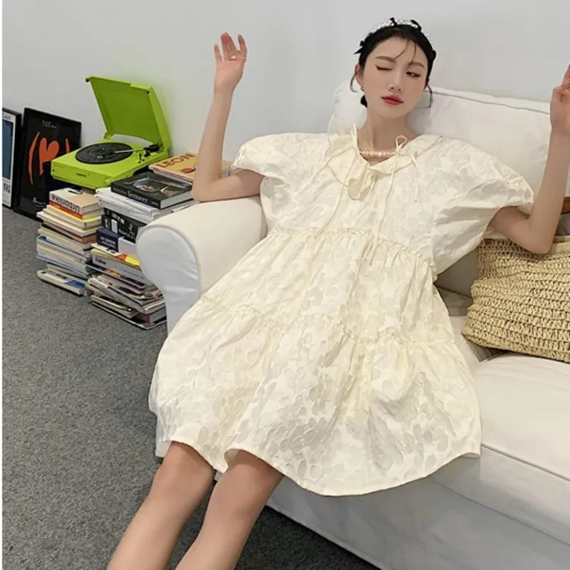 

LANMREM Women Bubble Short Sleeve Ruffle V-neck Dress Cute Female Fashion Tide Summer 2021 New Arrivals 2H067