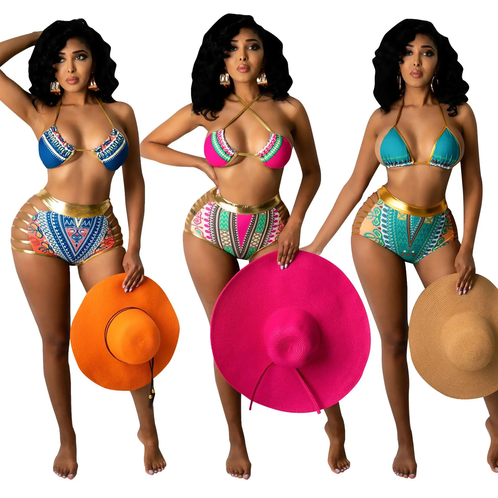 

Digital Print Women Bikini Suit Halter Backless Bra Top Hollow Out Skinny Shorts Fitness 2021 Summer Holiday Beach Bathing Suit
