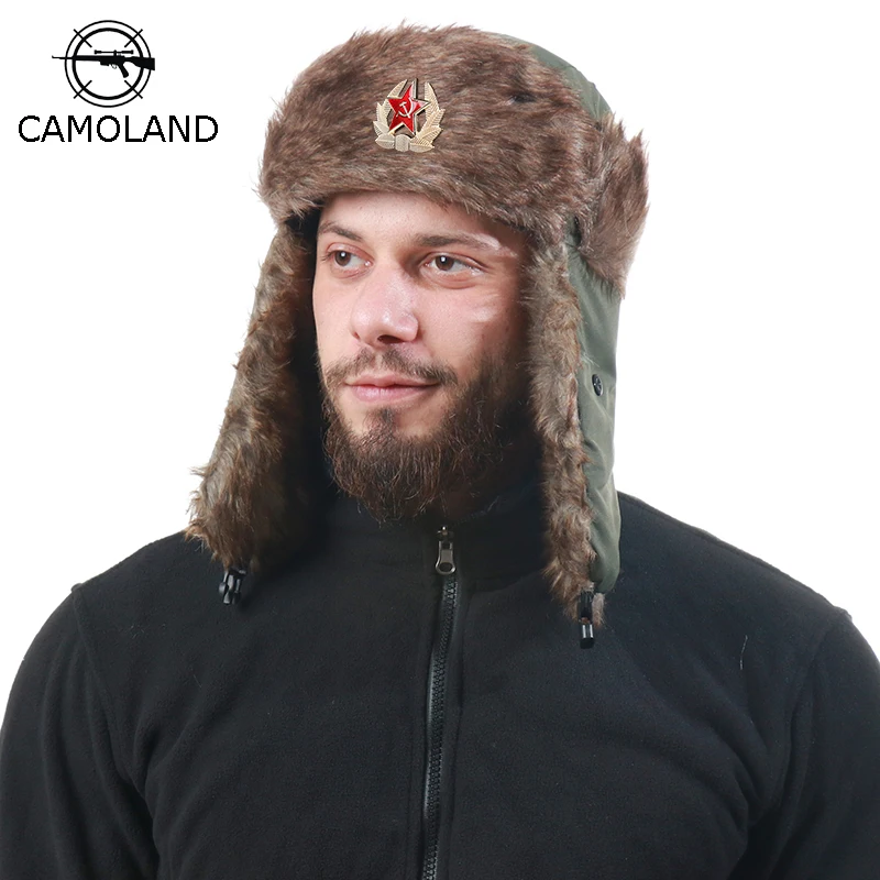 

CAMOLAND Soviet Badge Russia Ushanka Bomber Hat Male Army Military Pilot Trapper Earflap Cap Faux Fur Waterproof Skiing Snow Cap