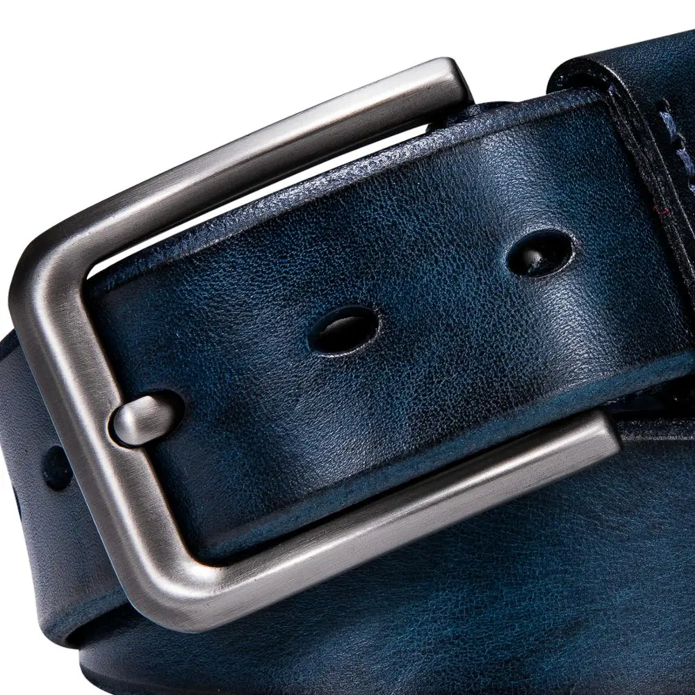 

Classic Vintage Jeans Belt for Men Blue Cow Leather Belts for Men Alloy Pin Buckle Jeans Leather Waist Strap Male Belt Strap