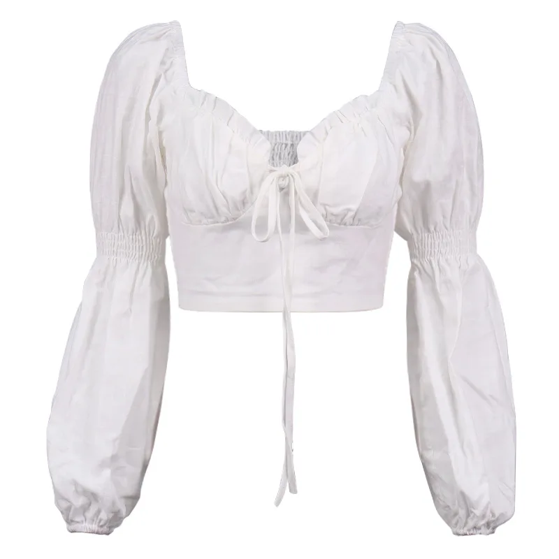 

Autumn 2021 Sexy White Balloon Sleeve Elegant Women Top and Blouses Shirts Backless Crop Tops Solid Zipper Slim Fit