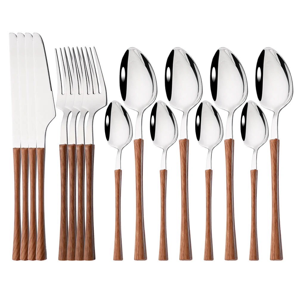 

16Pcs Kitchen Cutlery Set Imitation Wooden Handle Utensils Stainless Steel Fork Spoons Knife Teaspoons Dinnerware Tableware Sets