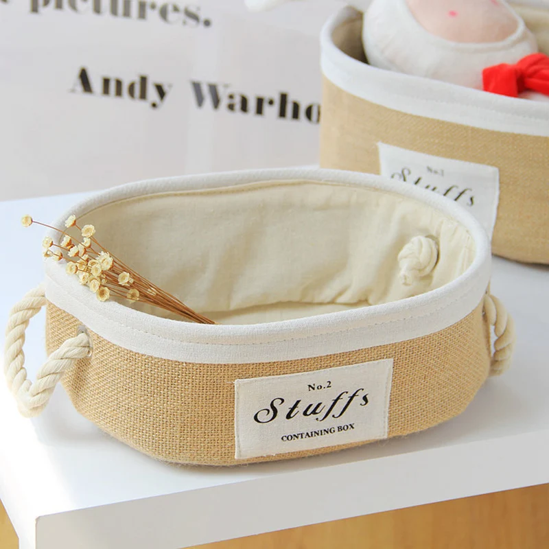 

Jute Storage Basket Fabric Sundries Snacks Basket with Rope Handle Portable Desktop Organizer 3 Shapes 2 Sizes TRYC889