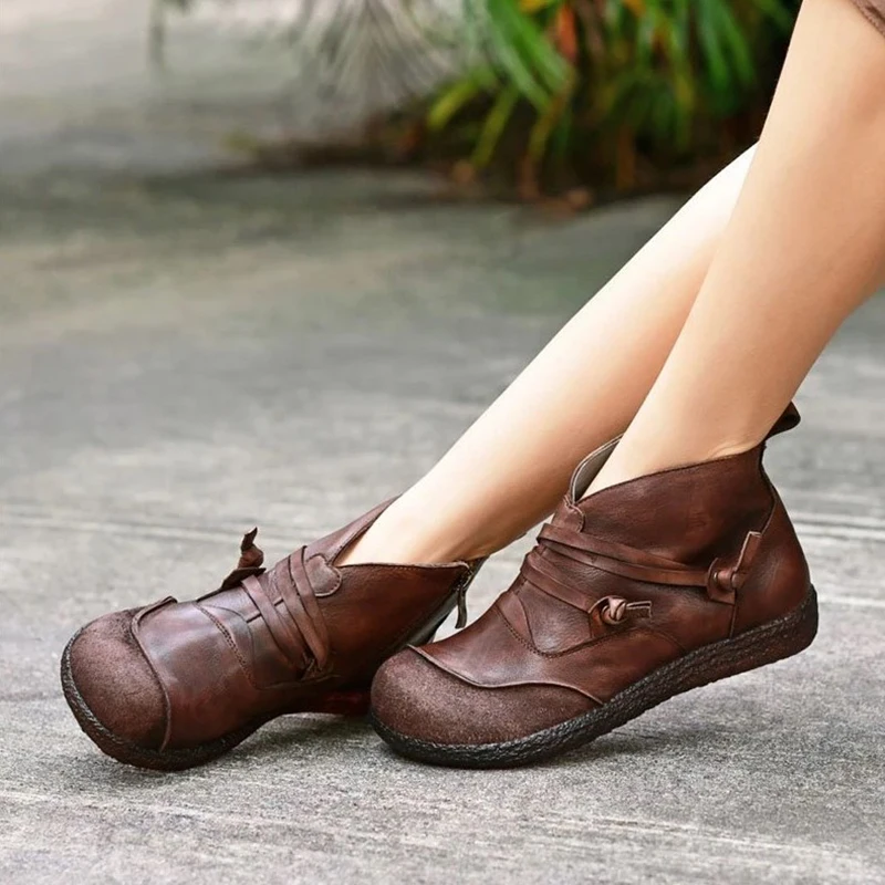 Новинка 2020 года Винтажные кожаные женские ботильоны Повседневные ботинки на