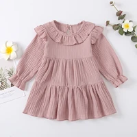 toddler baby girl fall dress casual long sleeve round neck solid color ruffle a line loose cotton linen dress
