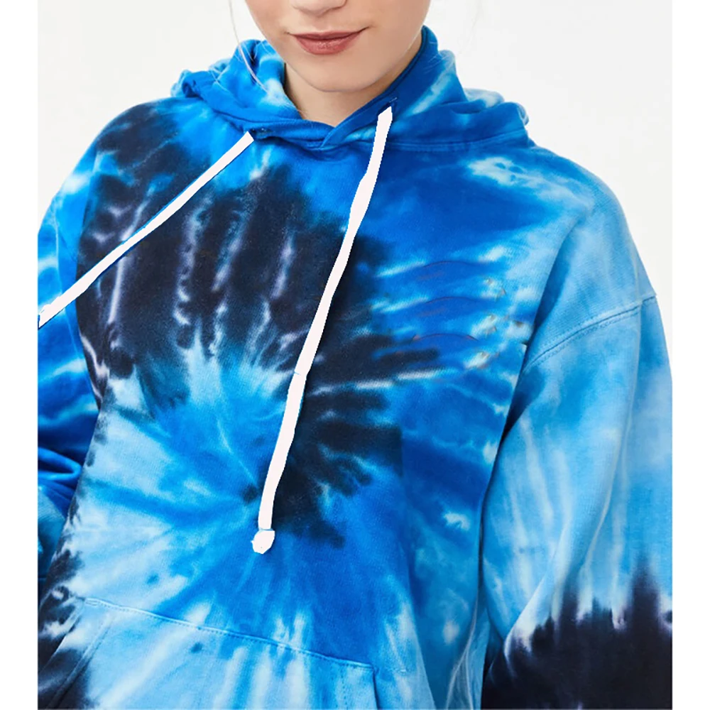 

Women Multicolor Long Sleeve Sweatshirt Ladies Tie dyeing Crop Hooded Sweatshirt Top Drawstring Jumper Hoodie Female Streetwear