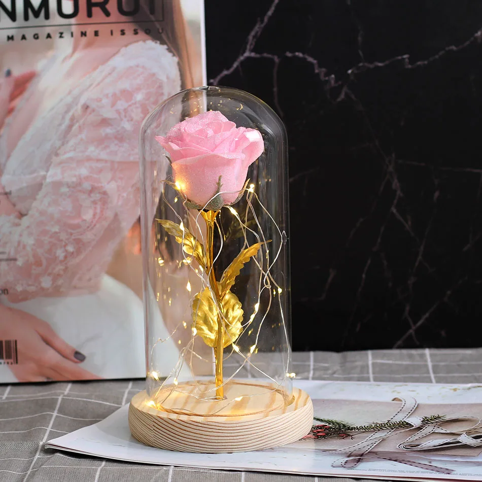 Pink Красавица и Чудовище красная роза в стеклянном куполе на деревянной основе для подарков на день Святого Валентина светодиодный лампы с розами украшения Рождественского дома - Цвет: Pink