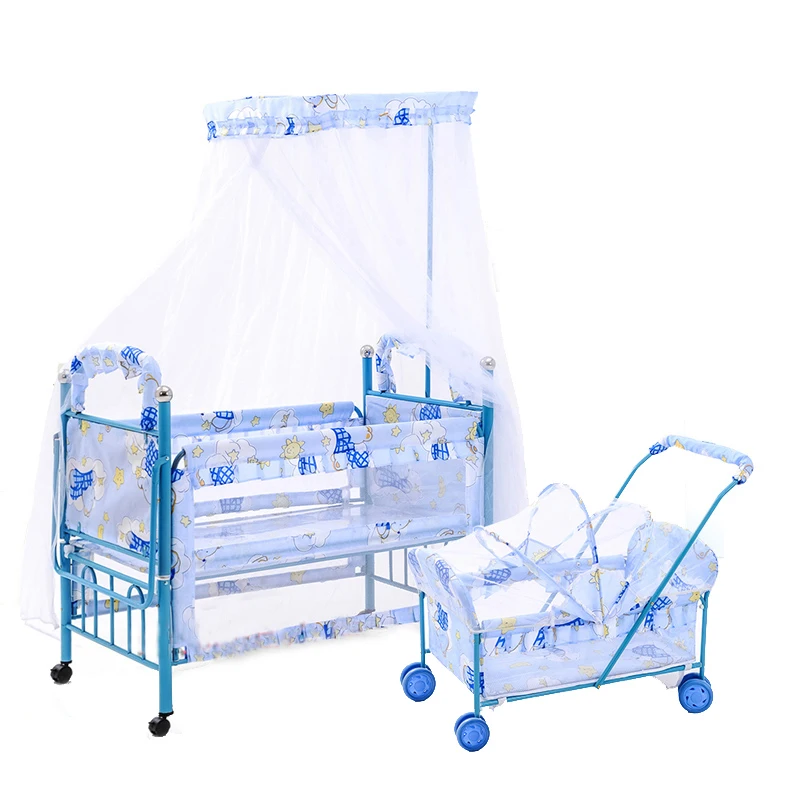 Lengthened Baby Crib with Inner Rocking Cradle, Multifunctional Kids Cot Can Joint Adult Bed, Mosquito Net Included