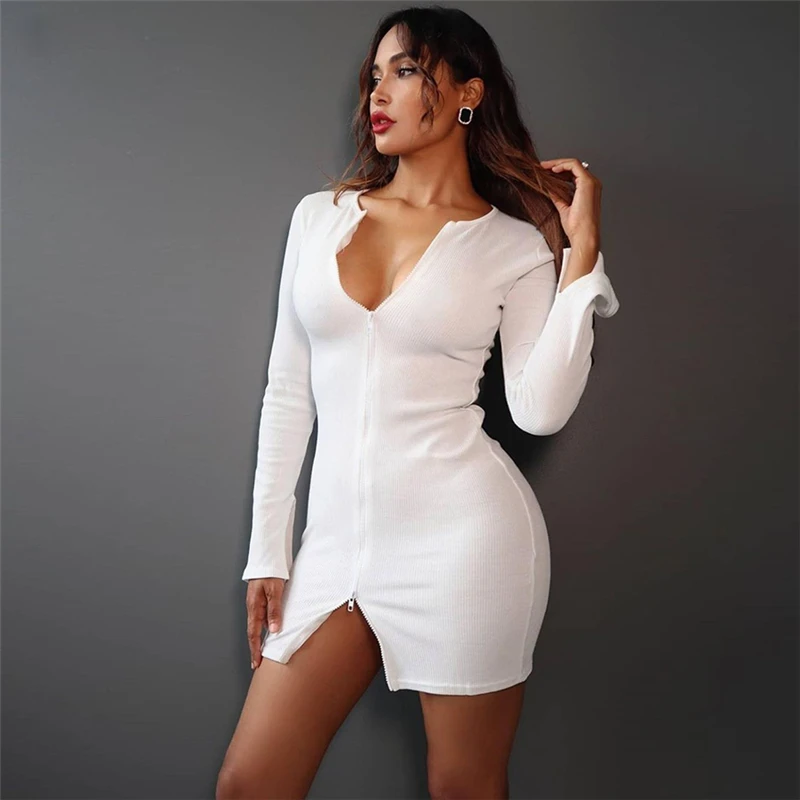 

2020 New Sexy Women Bandage Mini Dress Dress Long Sleeve Zip Up Female Cotton Autumn Party Dress Package Hip Dress
