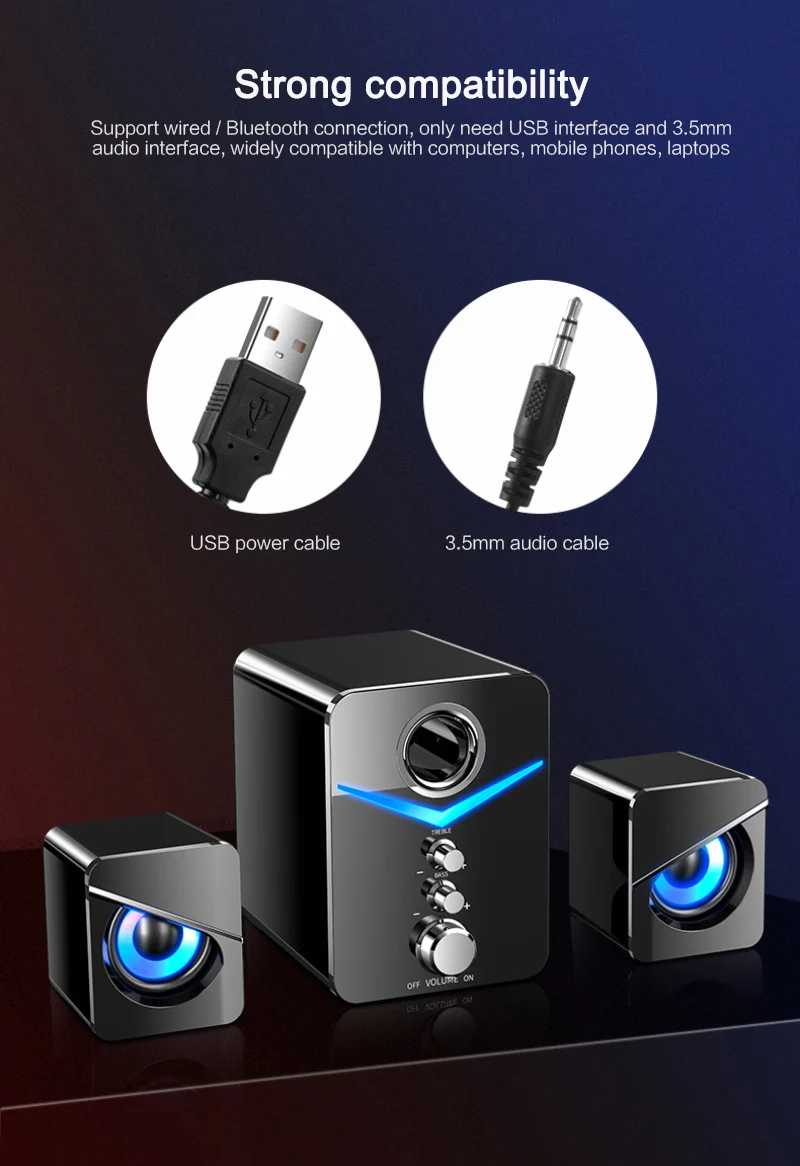 Мини компьютер 2 1 светодиодный динамик USB проводной 3D стерео звук объемный