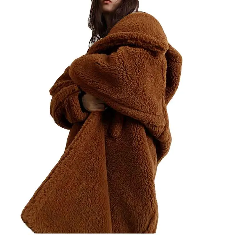 Female Iambswool Fur & Faux Fur Casual Women Coat 2022 New Winter Fashion Warm Hooded Lapel Medium Length Women Fur Coat NBH304