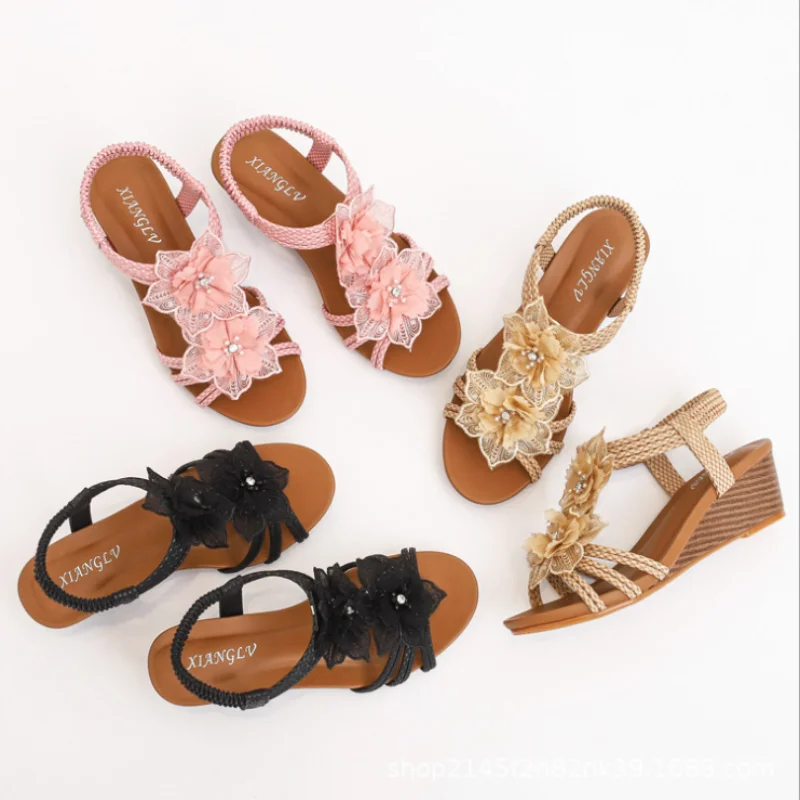 

Ethnic Retro Women Casual Wedge Sandals VIVAIA 2021 Summer New Fashion Roman Flower Decoration Wedges Solid Pattern Beach Shoes