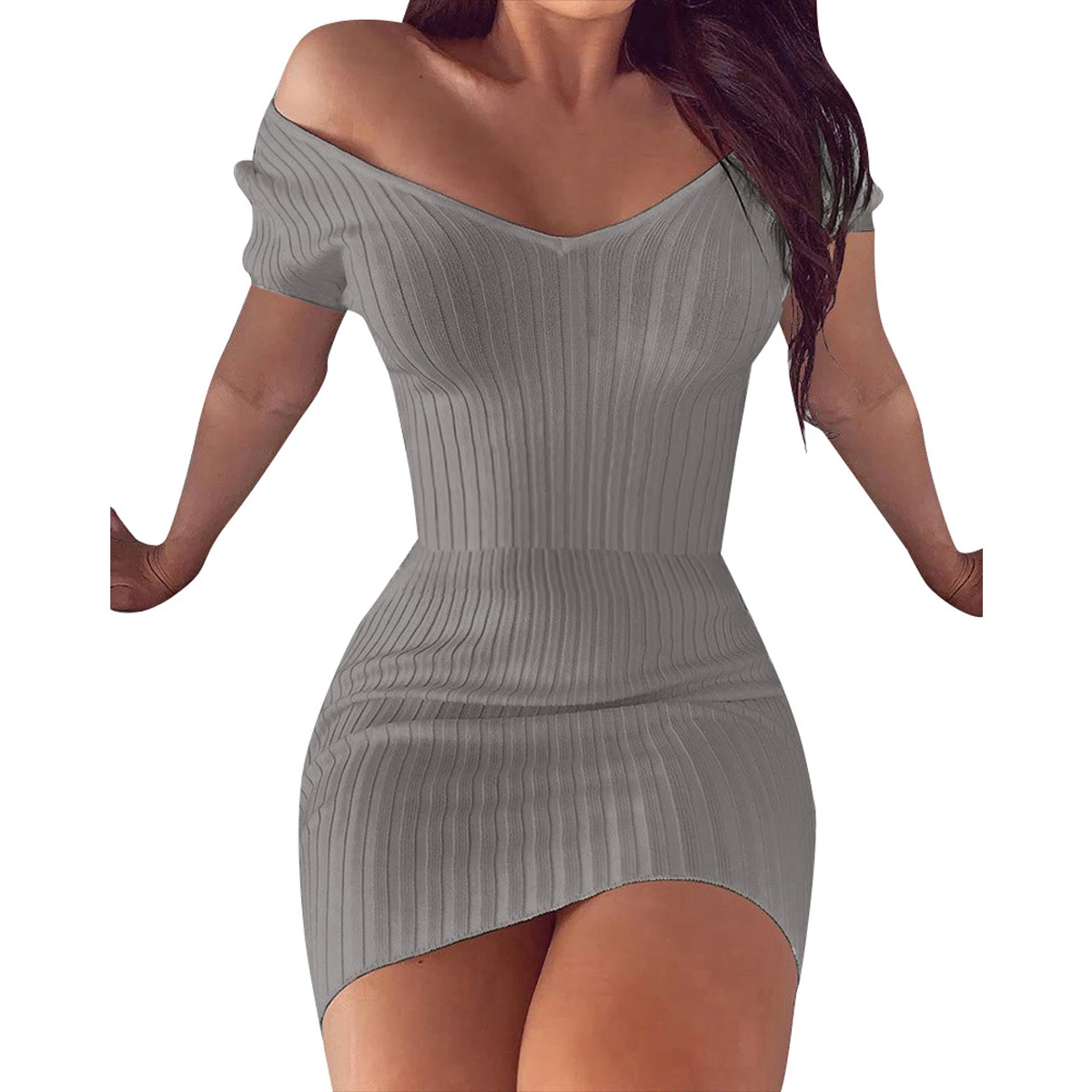 New Fashion Women Ladies Summer Casual Short Sleeve Dress Solid Color Slim Outfit Deep V-Neck Sexy Hip Sundress | Женская одежда