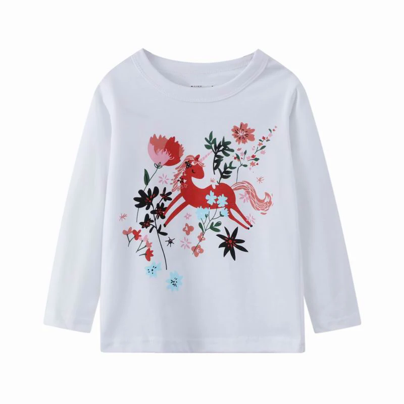 

Jumping Meters Girls T-shirt Autumn Cartoon Flowers Unicorn Pattern Casual Crew Neck for Long Sleeve Top White Clothes 2-7years