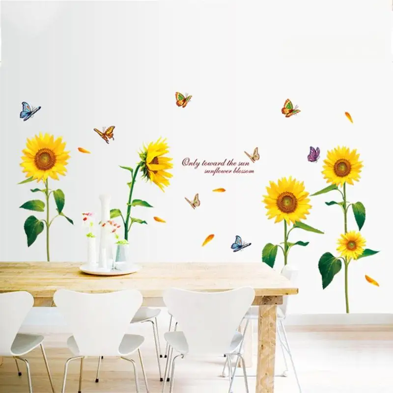 Съемные наклейки на стену из ПВХ с желтым подсолнухом и бабочкой украшение для