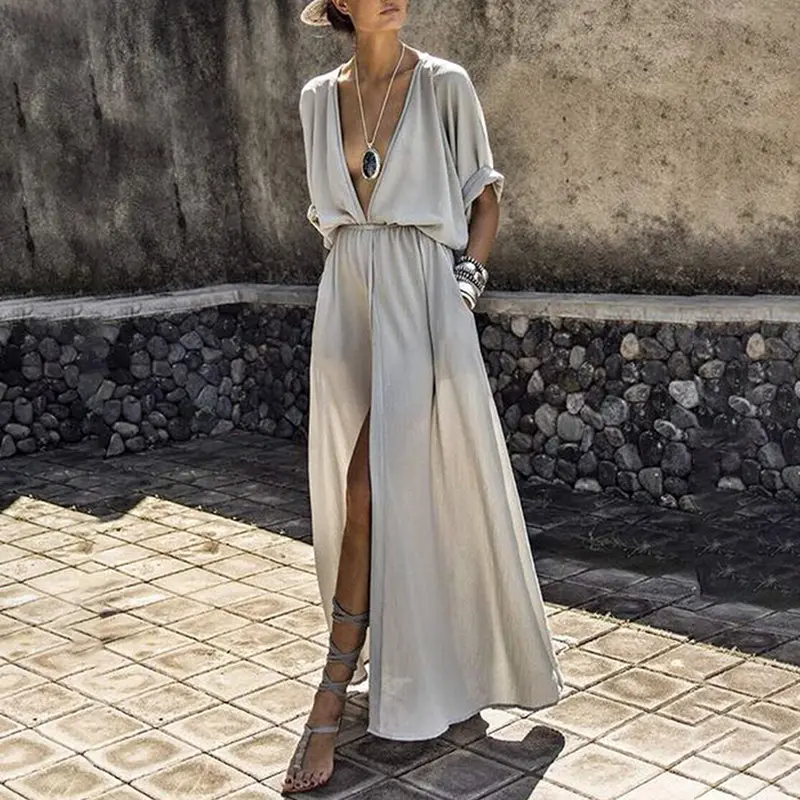 

2019 Women Sexy Maxi Dress Deep V-Neck Batwing Short Sleeve Casual Loose Pockets Vintage High Split Boho Beach Dress Vestidos