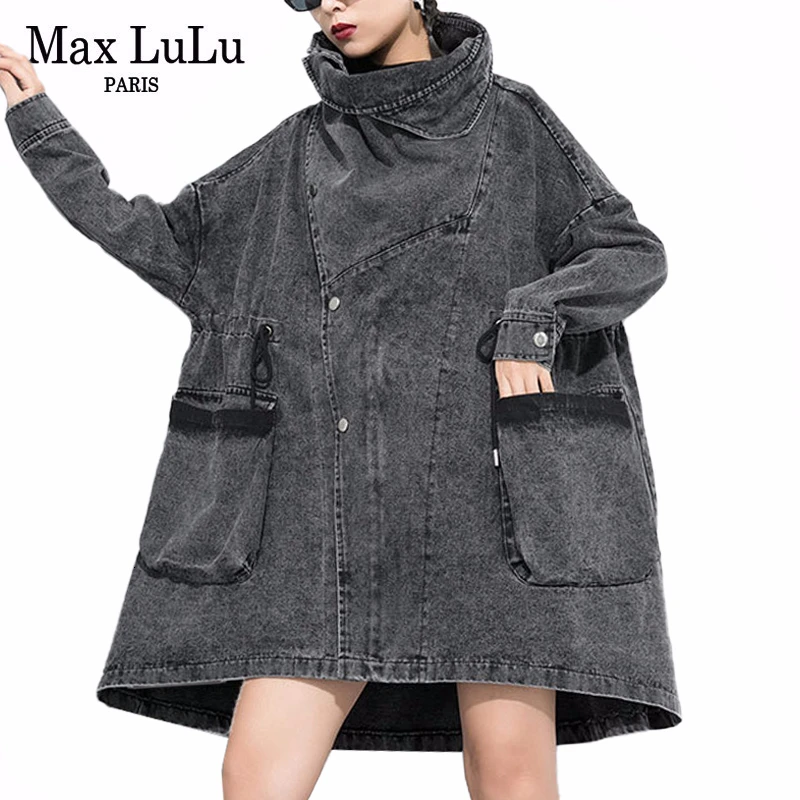 Max LuLu корейская мода винтажная осенняя одежда Дамский джинсовый Тренч женский Водолазка Длинные Пальто Повседневная ветровка плюс размер