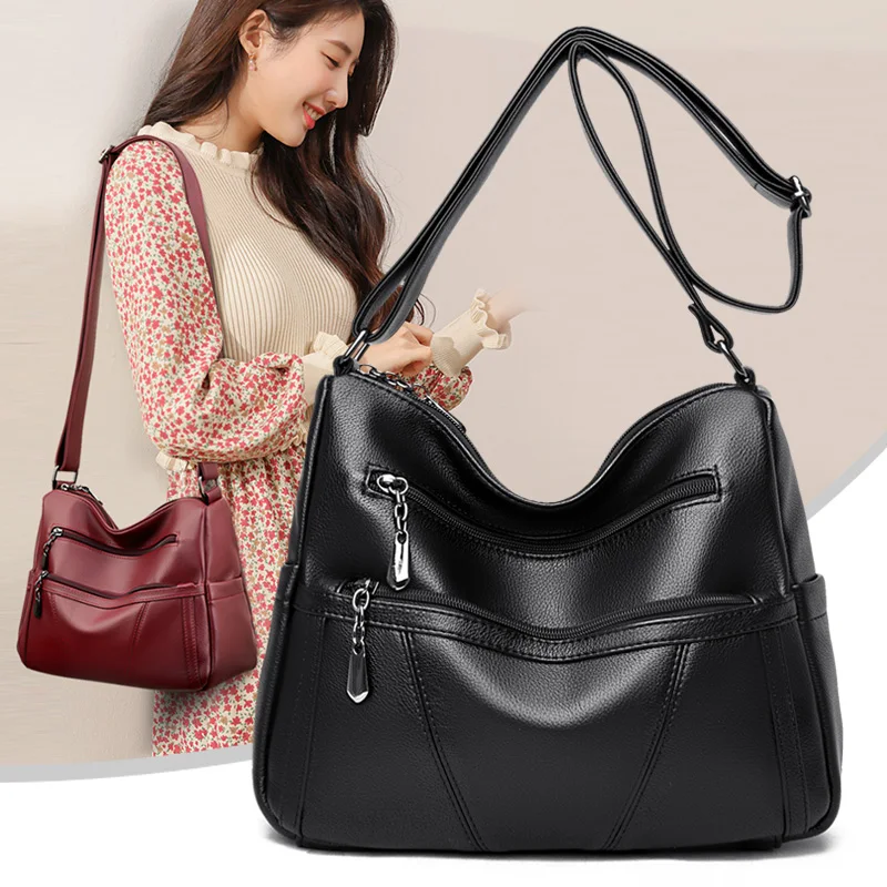 

Vintage Black Messenger Handbags for Women Big High Quality Soft Leather Travel Shoulder Bag Large Capacity Ladies Crossbody Bag