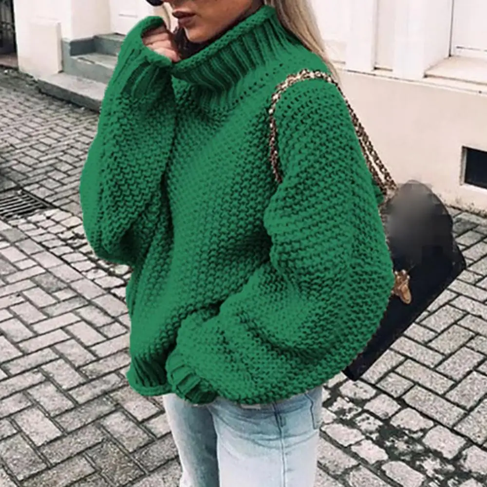 

Зимний женский свитер с высоким воротником, однотонный вязаный свитер с рукавами «летучая мышь», Свободный пуловер, топ для осени и зимы, же...
