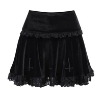 women vintage harajuku high waist lace ruffles skirt dark cross embroidered lace suede skirt goth dark mall gothic y2k skirt
