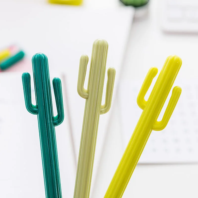 Зеленая ручка-гелевая "Кактус" 1 шт. Кавайная канцелярия для учеников. Пишет черными чернилами 0,5 мм. Школьные канцелярские принадлежности Papelaria Escolar.