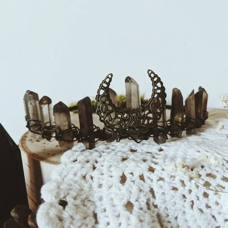 

Womens Ethnic Vintage Jewelry Crown Headband Faux Raw Crystal Alloy Moon Hair Hoop Stone Gray Bridal Wedding Tiara