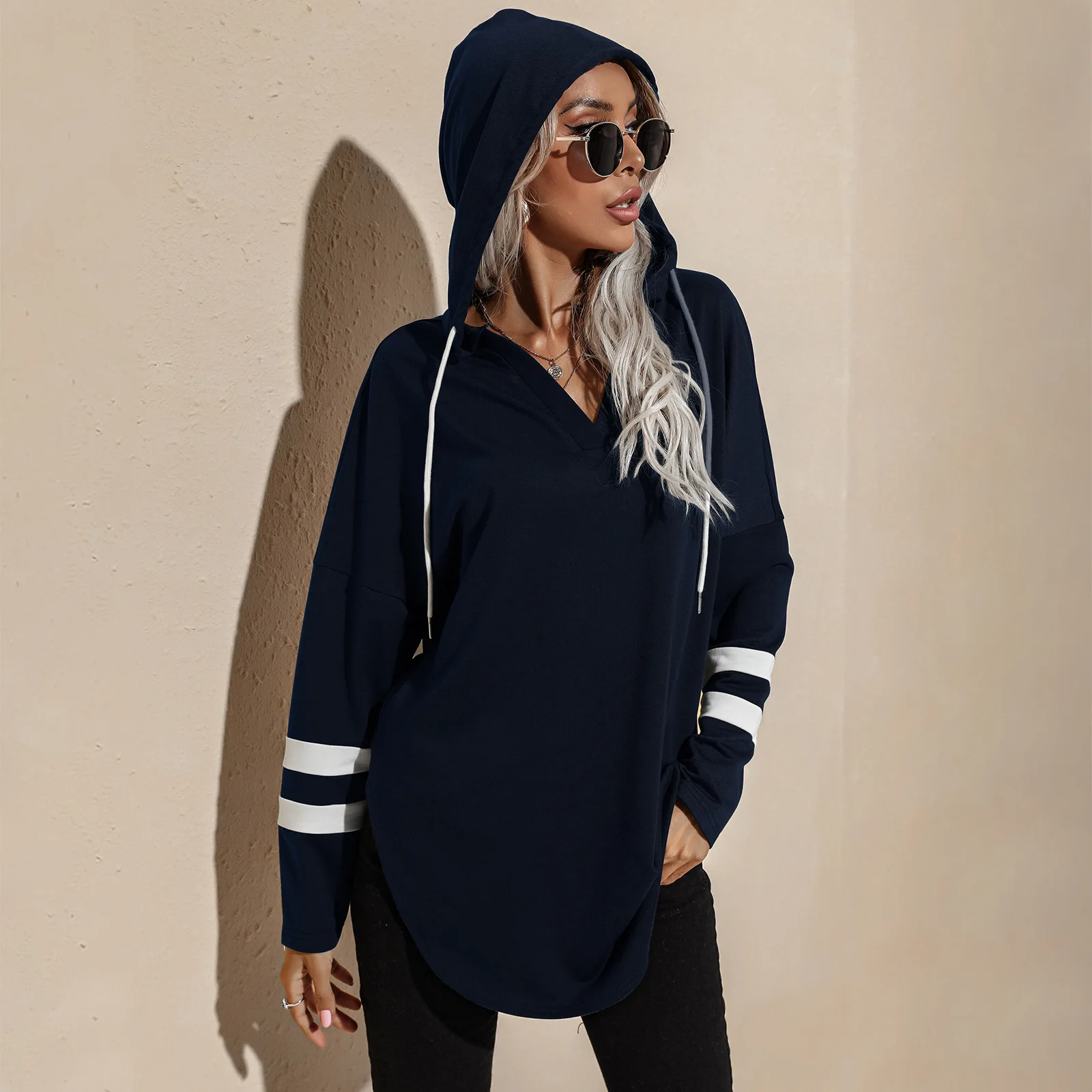 

Spring Autumn Women Who Dress New Long Sleeve Hooded Draw String V-Neck Open Fork Pure Color Loose Street Style Female Coat 2021