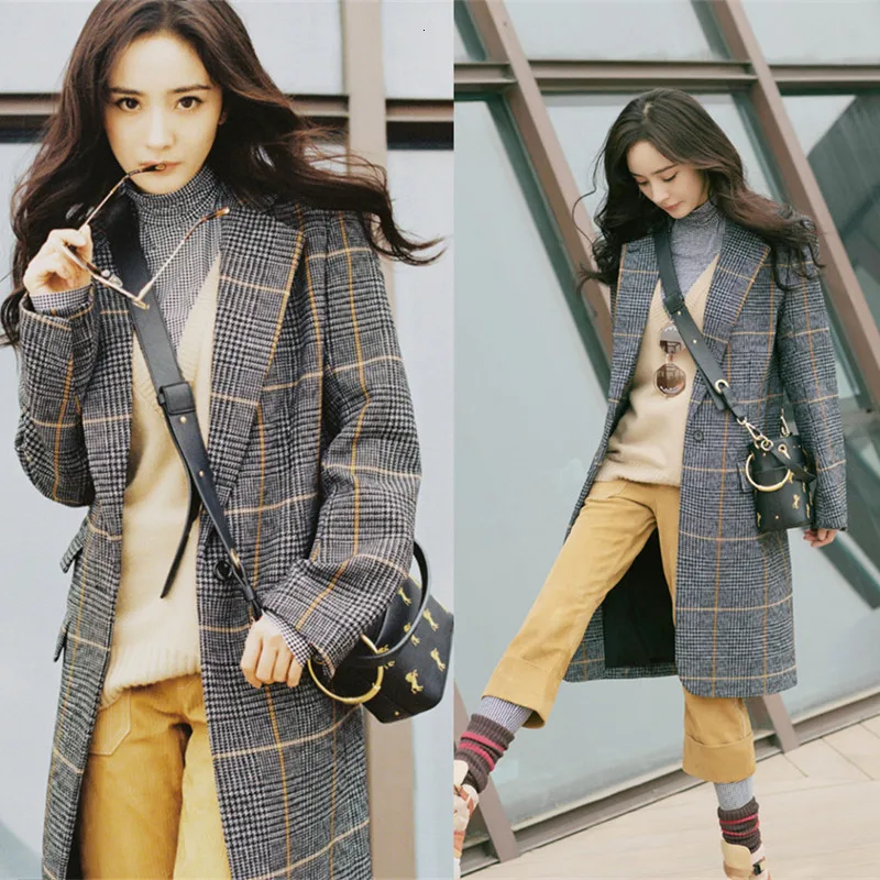 Клетчатое пальто длинный костюм полосатая шерстяная ветровка куртка осенняя и