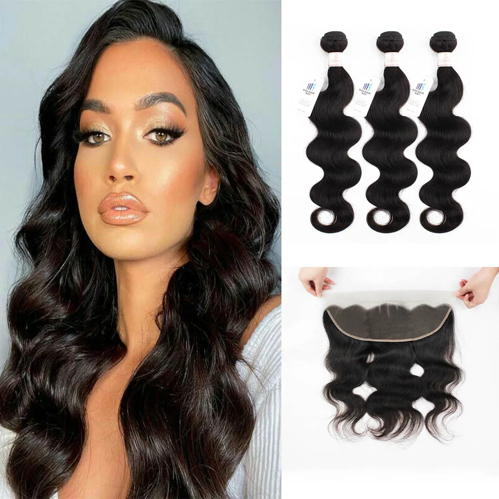 Kisshair Body Wave 3 Bundles With Frontal Ear to Ear 13*4 Lace Frontals Natural Color Remy Brazilian Human Hair Extension