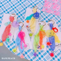 manual cloth art grid smiling face keychain ins fashion bag accessories car key ring couples charm pendant jewelry fine gift