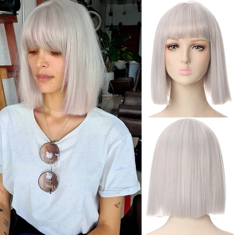 XUANGUANG High Temperature Fiber Synthetic Golden Lolita Short Wig Straight Bob Wig and Bangs Wig Female Multiple Colors