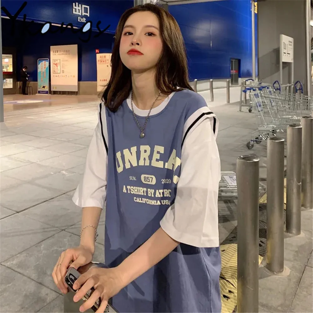 Korean Style Summer New Fake Two Blue Wthie Stitching Women TShirt Basketball Clothes Sweet Cute Short Sleeve Big Size Loose Top