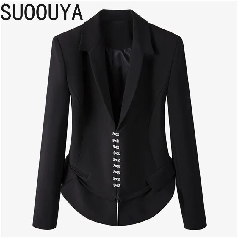 

[SUOOUYA] Women Black White Vintage V-neck Blazer Women Jackets Flower Lace Fashion Blazers Long Sleeve Loose Suit Coats 2021