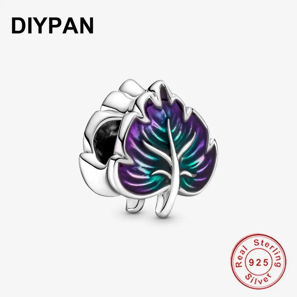 

Подвеска-Шарм для браслета Pandora, бусины-шармы из серебра 925 пробы с фиолетовыми и зелеными листьями, серебряные модные украшения для женщин