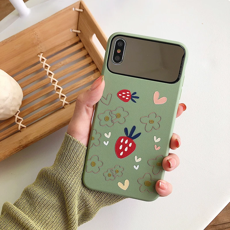 Matte Strawberry Floral Mirror Phone Case for Iphone 11 11pro Max 6s 7 8plus Xr Xs X Shockproof Make Up Soft Tpu Back Cover | Мобильные