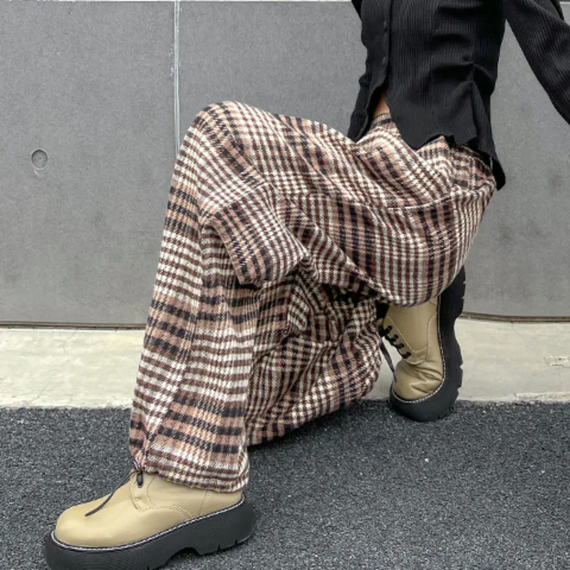 

XUXI Straight Lattice-Splicing, Woolen Cloth Trousers, Women Loose High Waist Was Thin Thick Casual Pants, E3863