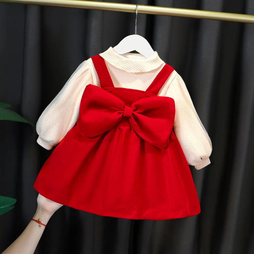 

Kids Girls Clothes Knitting Ribbed Cotton Roll Neck Lantern Sleeve Big Bowknot Decoration Fashion Dress For Children 1-3Y