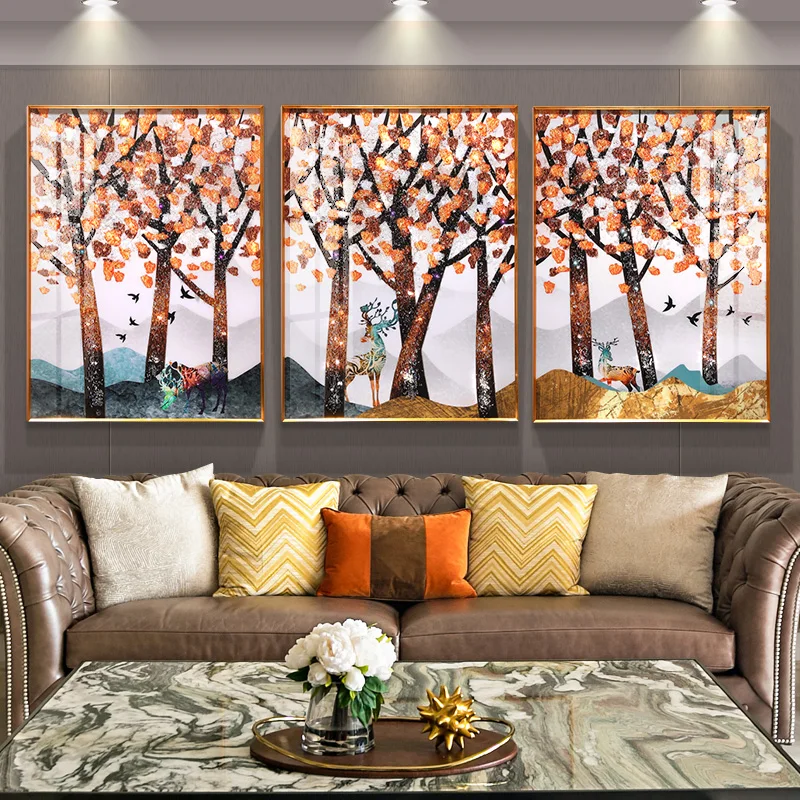 

Dropship Living Room Wall Decoration Painting Light Luxury Elk Simple Corridor Painting Metal Frame American Restaurant Mural