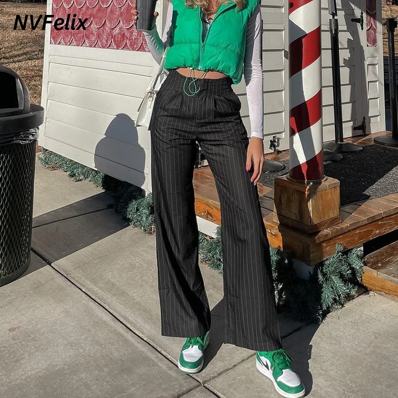 

Women High Waist Casual Wide Leg Long Palazzo Pants Trousers Regular Size Baggy Slim Stripe Work Pants Straight Leg Suit Trouser