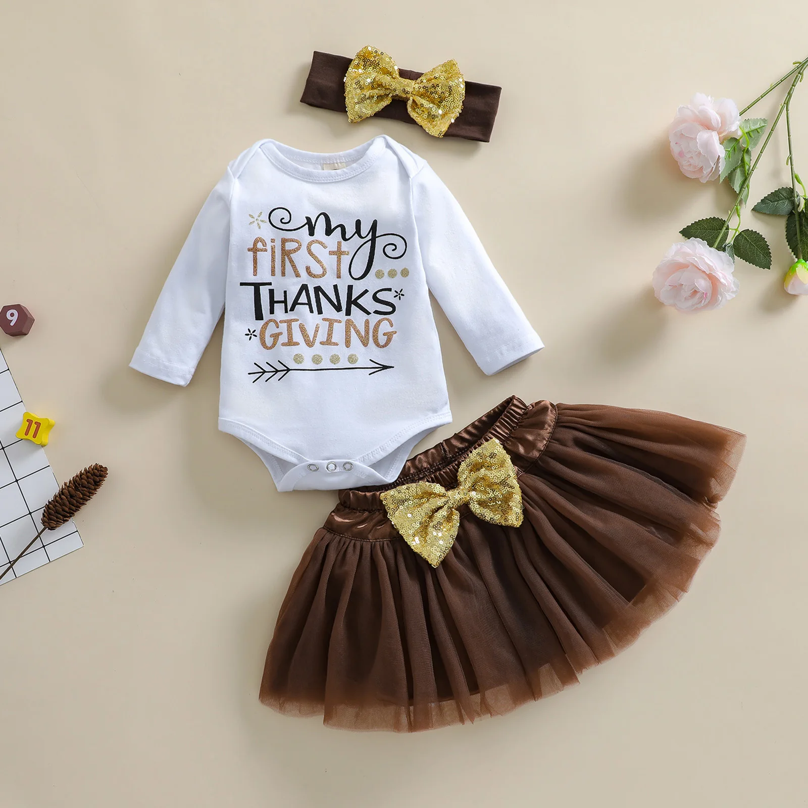 

3Pcs Baby's Thanksgiving Sets Letter Print Long Sleeve Romper Elastic Mesh Skirt Headdress Toddler Girls Spring Fall 0-18 Months