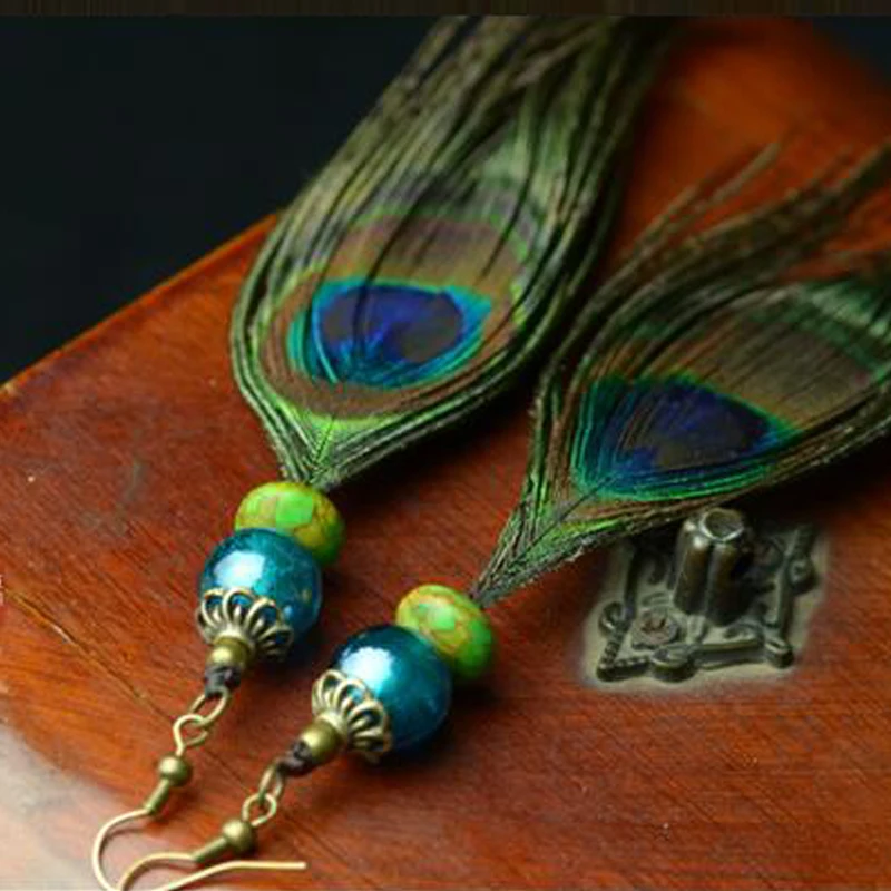 

Original design of Peacock Feather Earrings with Chinese national style and glaze