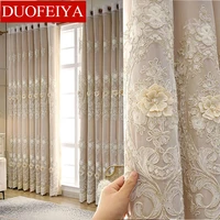 european luxury embroidered embossed tulle curtain high end imitation satin curtains for living room bedroom