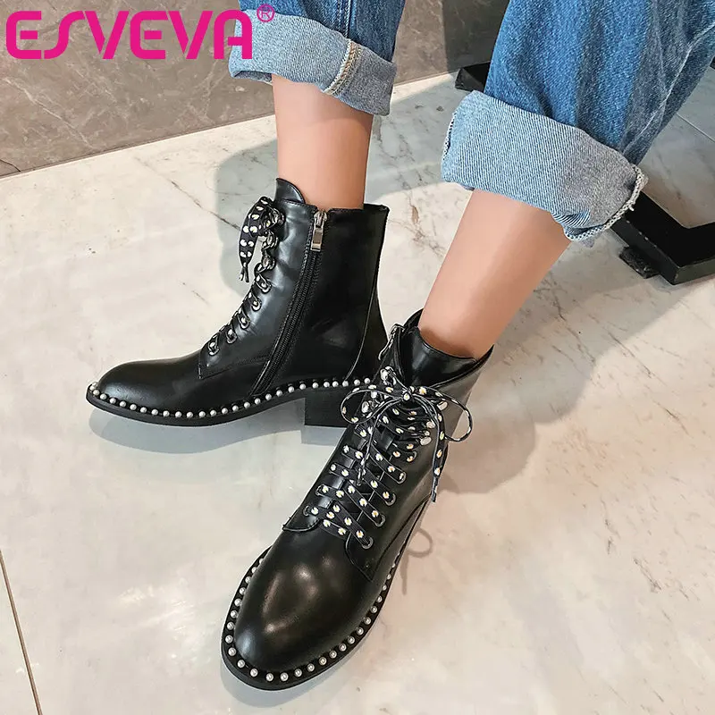 

Женские ботильоны на платформе ESVEVA, разноцветные ботинки из искусственной кожи на среднем квадратном каблуке, со шнуровкой и круглым носко...