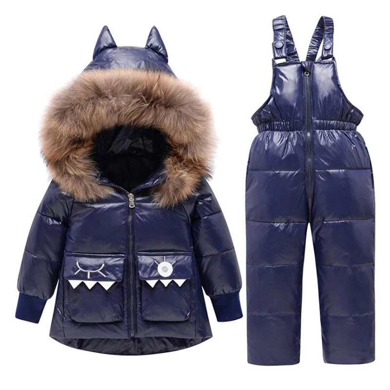 

Russian winter Baby down coats pants fur collar plus velvet thicken clothing sets white duck down boys girls 2 pcs sets 1-6 year