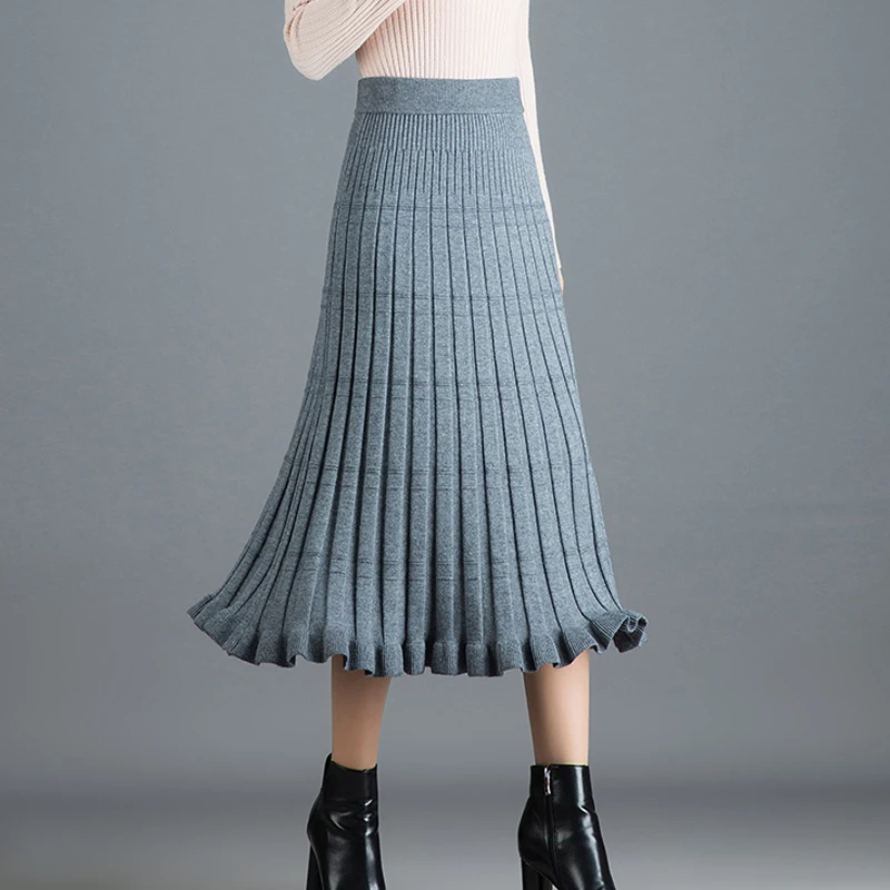 Осенние вязанные длинные юбки трапециевидной формы с эластичным поясом