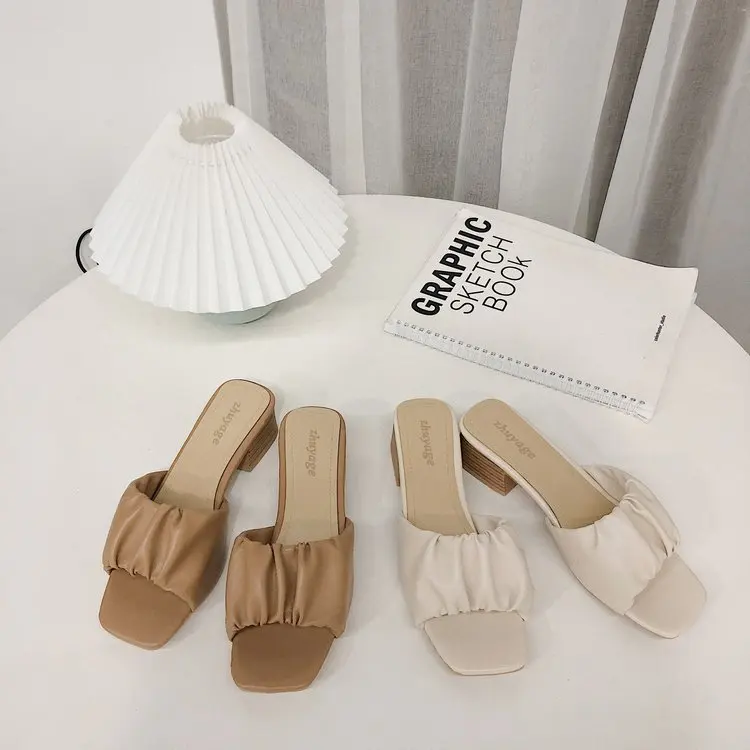 

Square heel Slippers Casual Women's Shoes With Platform Med Shallow Heeled Mules Pantofle Block Luxury Soft High 2022 Fashion Ba