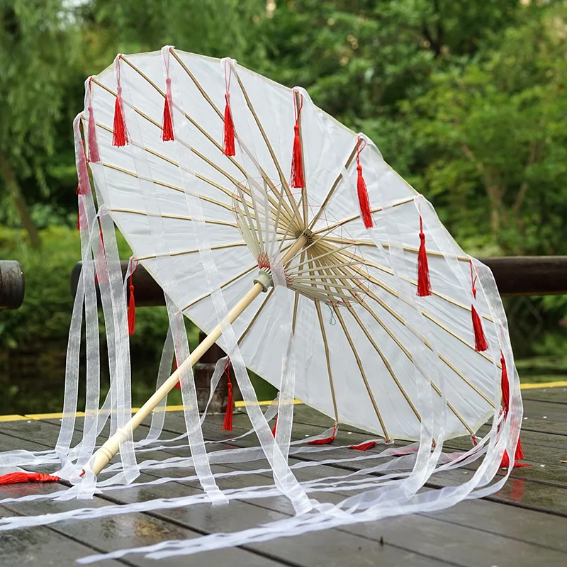 Solid-Tassel-Ribbon Модный китайский зонтик с кисточками, лента из шелковой ткани Hua Cheng COS, декоративный зонтик для женщин, реквизит для танцев, декор для фотосъемки - Цвет: Solid-Tassel-Ribbon