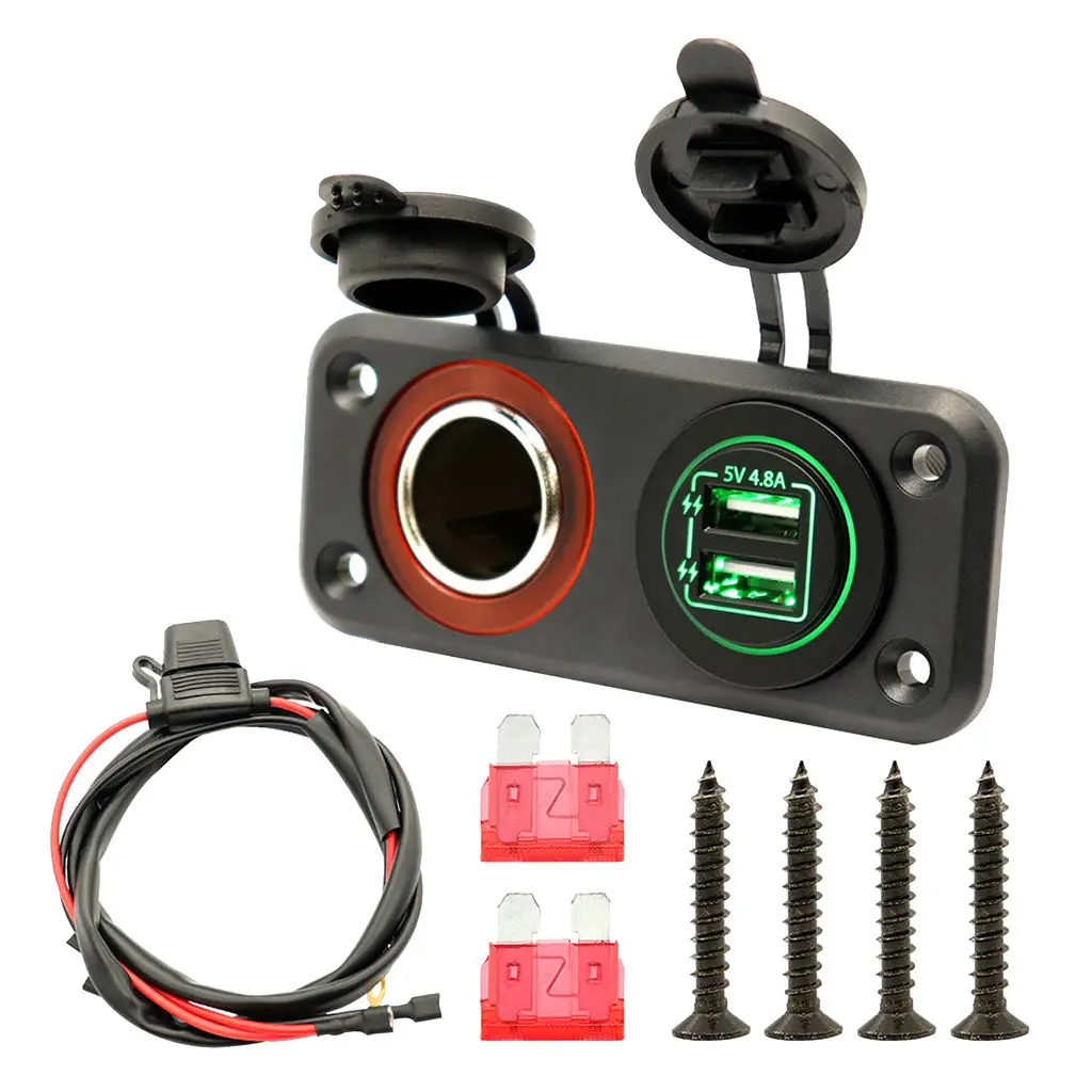 

5V 4.8A Dual USB Car Power Outlet Waterproof Marine Cigarette Lighter Adapter Panel with Green LED Lights for Boat ATV