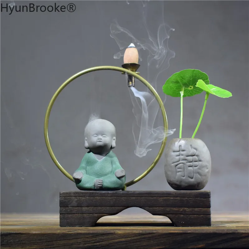 Zen Style Ceramic little monk Incense Burner Stick Holder Smoke Backflow Cone Furnace Base Metal Circle Creative | Дом и сад