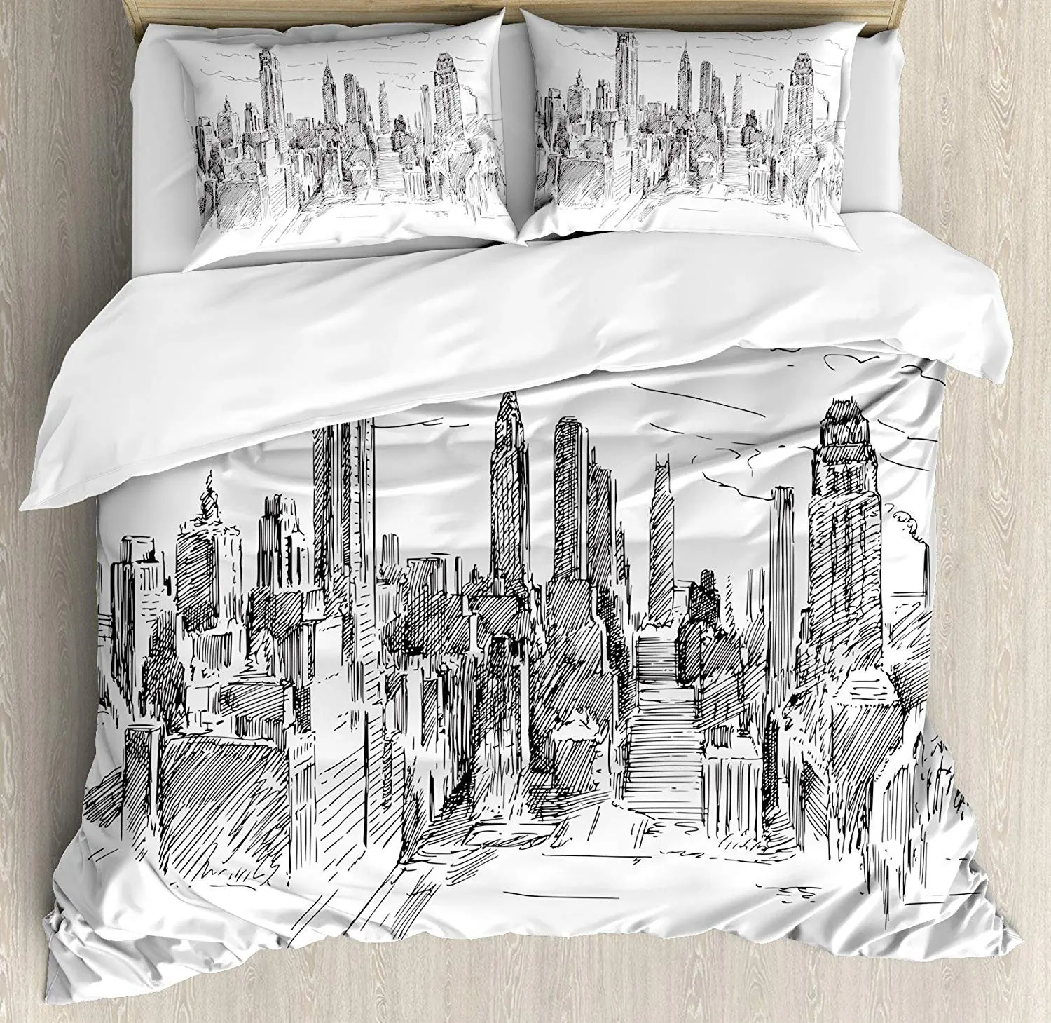 

New York Bedding Set Hand Drawn NYC Cityscape Tourism Travel Industrial Center Town Modern City Design Duvet Cover Pillowcase